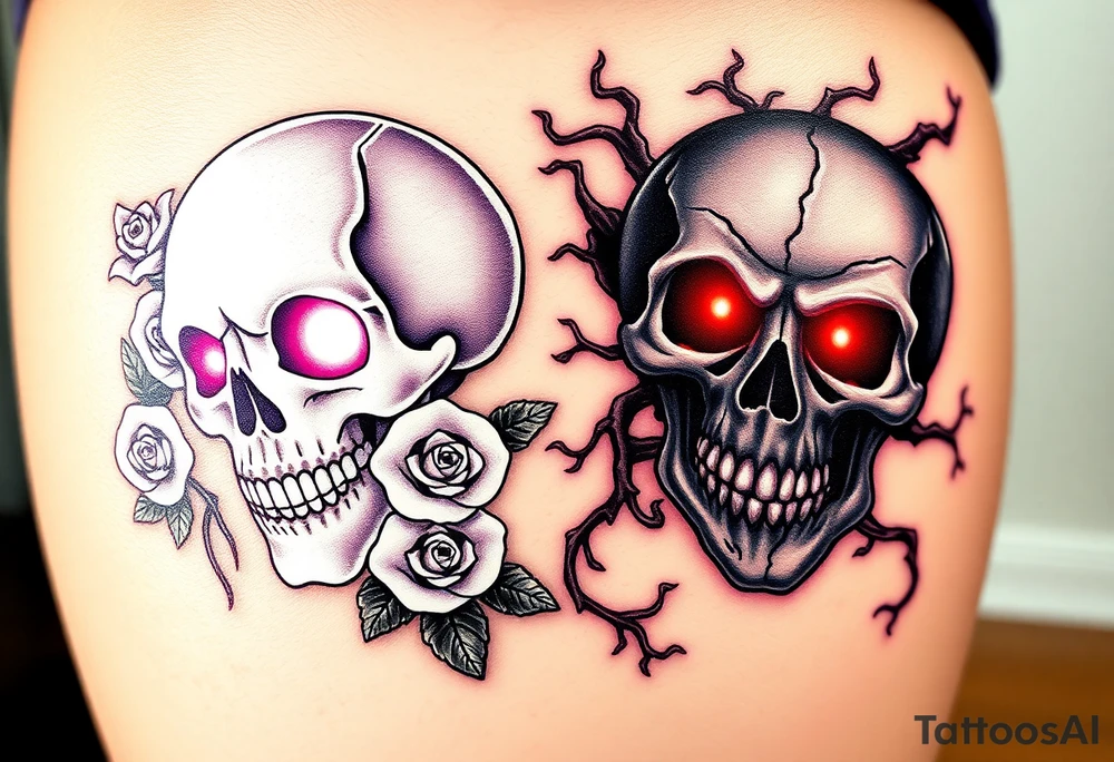 A bright, shining skull, with gentle white light emanating from the eyes and mouth, surrounded by white roses, opposed to a dark, evil skull, cracked and decaying, with red glowing eyes and blackened vines creeping around it. tattoo idea