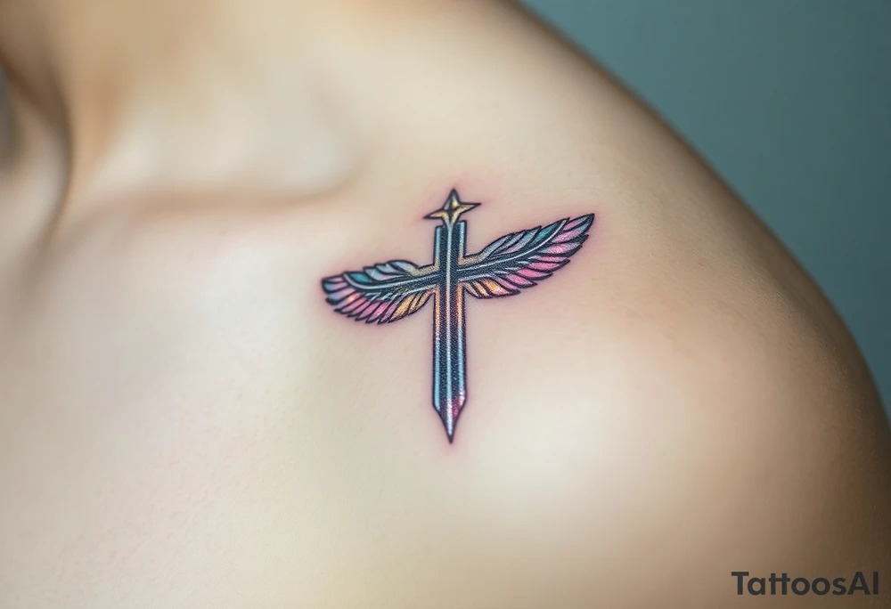 A glowing silver cross with floating feathers, each reflecting hints of pink, blue, and soft gold tattoo idea