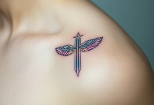 A glowing silver cross with floating feathers, each reflecting hints of pink, blue, and soft gold tattoo idea