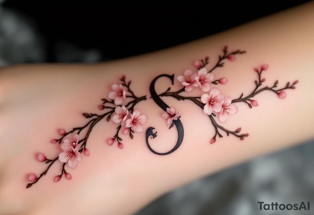 A cherry blossom-covered "S" with pale pink flowers and brown branches. tattoo idea