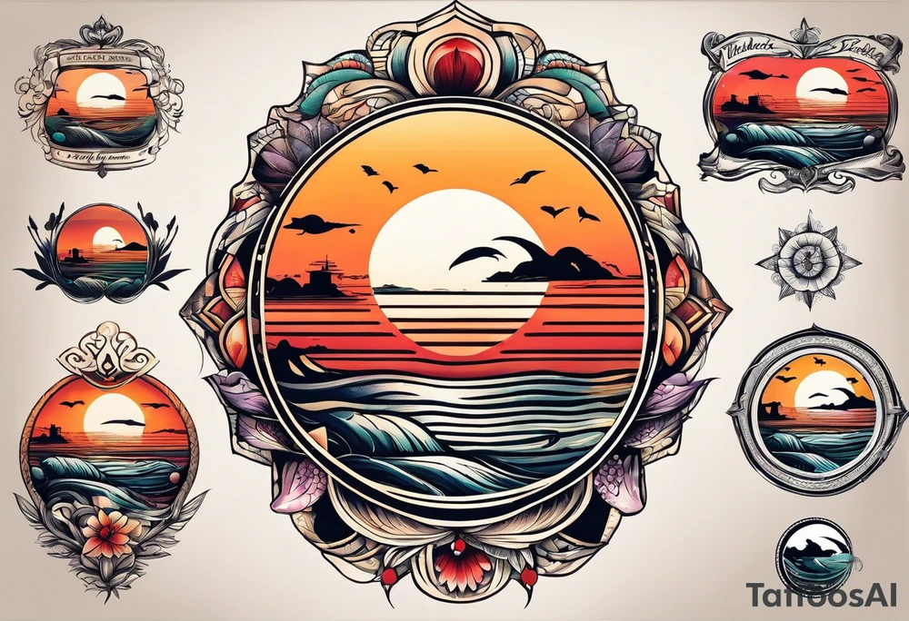 Round tattoo, inside sunset and sea with retro look tattoo idea