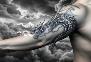 fierce dragon breathing iridescent fire against stormy skies tattoo idea