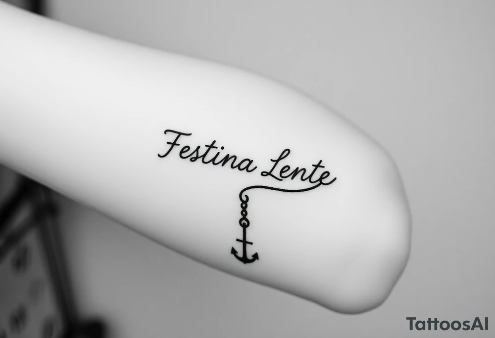 A small, minimal conceptual tattoo for the inner arm.
The phrase “Festina Lente” is not written traditionally; instead, the entire text is formed subtly from a single thin rope.
At the lower end of the rope, a small anchor is attached and appears embedded into the skin, symbolizing patience and stability.
At the opposite end, the rope is being pulled by a very small, minimal, symbolic devil silhouette representing haste.
The rope naturally twists and curves to form the letters of “Festina Lente”, so that at first glance it looks like an abstract rope composition, but upon closer inspection the text becomes readable.
Highly refined, modern calligraphic flow created by the rope itself, elegant and understated.
Black ink only, ultra-fine line work, minimal shading, strong use of negative space, contemporary 2026 tattoo style.
No traditional tattoo elements, no bold outlines, no old-school style, no decorative ornaments.
Clean, intelligent, subtle storytelling tattoo suitable for a small inner-arm placement. tattoo idea