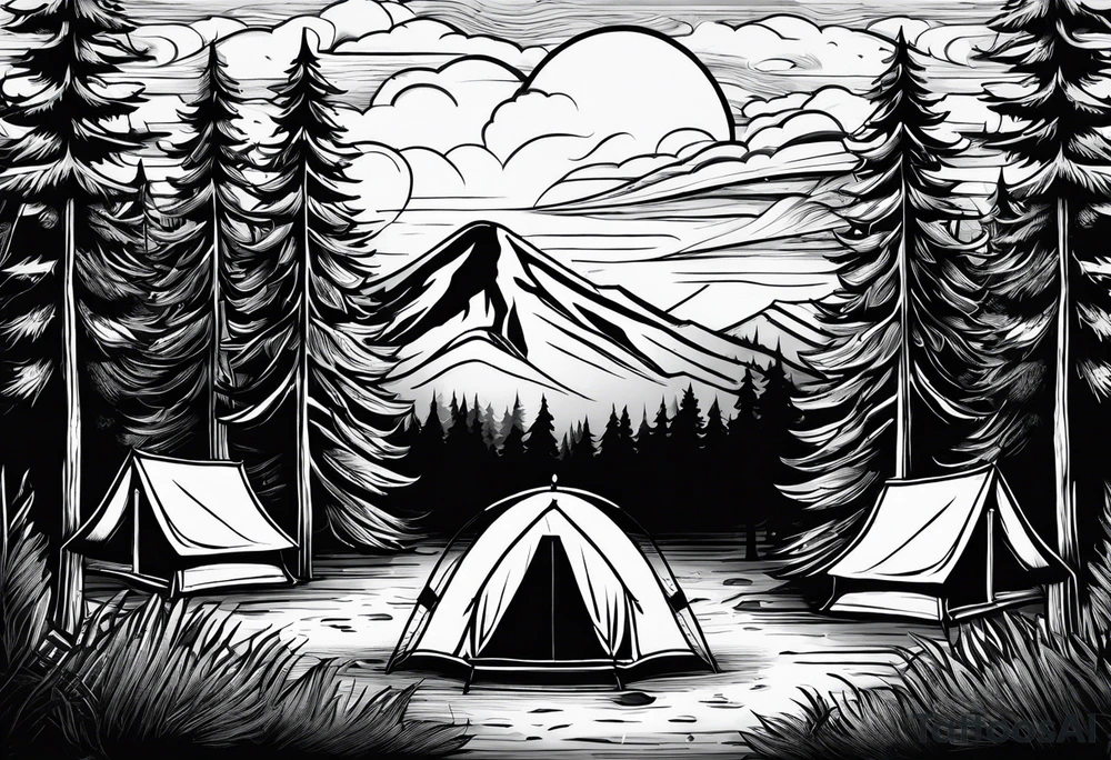 Campground with a small tent and small fire pit with smoke going into the sky. Forest of trees surrounding it with 3 large pine trees being the focus in the background. tattoo idea