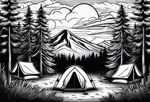 Campground with a small tent and small fire pit with smoke going into the sky. Forest of trees surrounding it with 3 large pine trees being the focus in the background. tattoo idea
