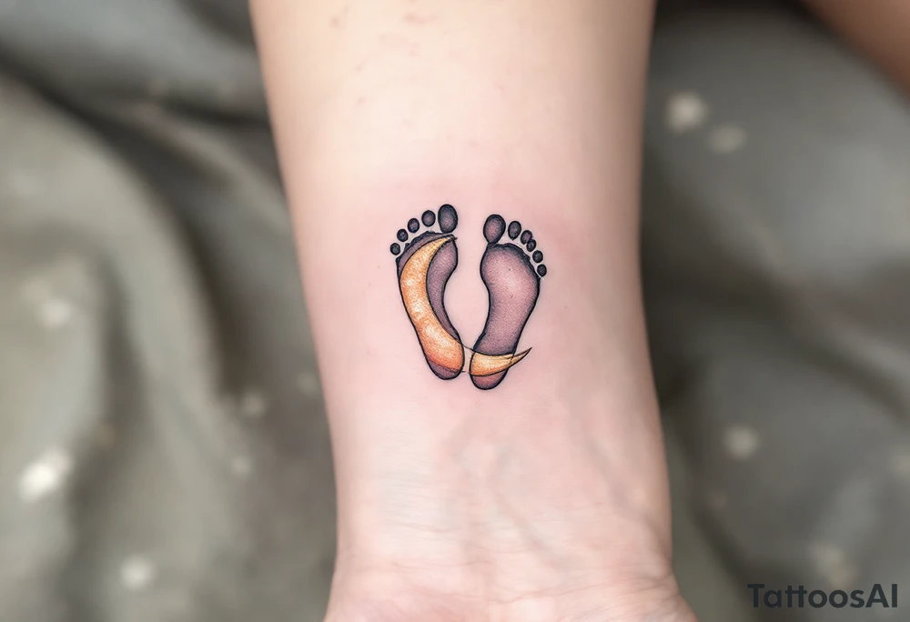 Soft peach and white footprints of Laura, with a whimsical moon cradling the prints, as a reminder of her gentle dreams. tattoo idea