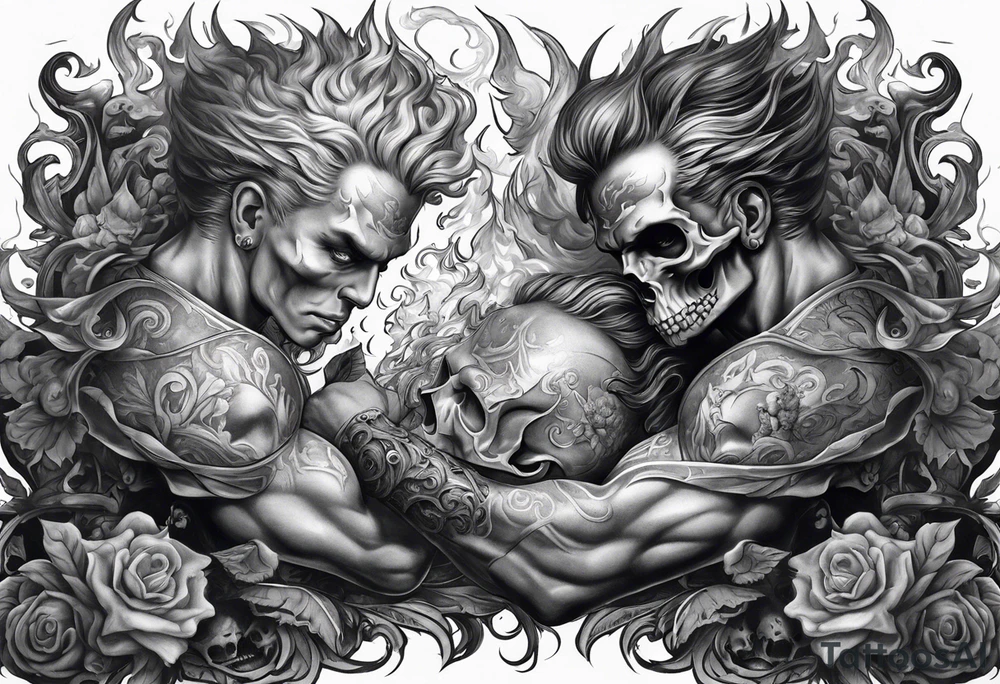Angels fighting demons full sleeve with skulls and fire and smoke for filler tattoo idea