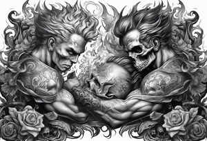 Angels fighting demons full sleeve with skulls and fire and smoke for filler tattoo idea