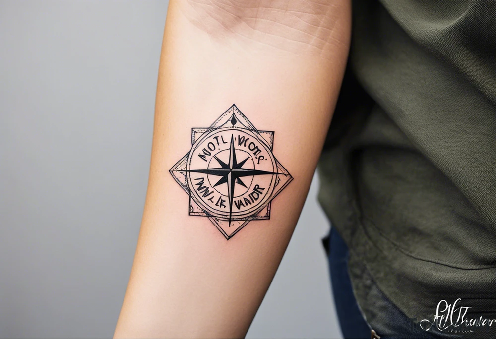 A half sleeve tattoo that features the quote **"Not all who wander are lost"** in elegant script on the outer forearm. Surrounding it are a compass rose and flowing elements like mountains, waves, and trees, symbolizing adventure and nature. Small travel icons like a plane and backpack are interspersed, enhancing the theme of exploration. The design uses a dynamic look that wraps naturally around your forearm. tattoo idea