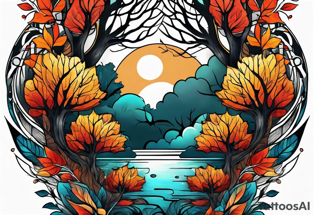 Knee tattoo with fall colors showing leaves, water flow, trees and sky tattoo idea