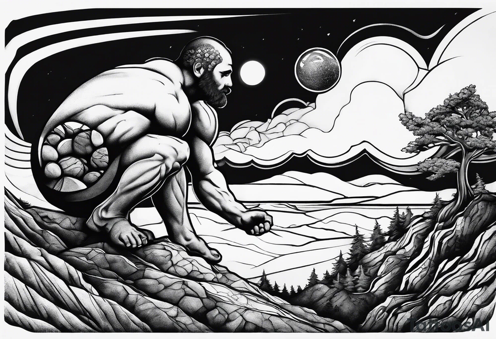 Sisyphus rolling a rock up a hill tattoo idea