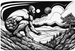 Sisyphus rolling a rock up a hill tattoo idea