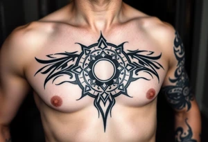 A tribal tattoo that tells a heros journey using circles that connect to the left arm tattoo idea