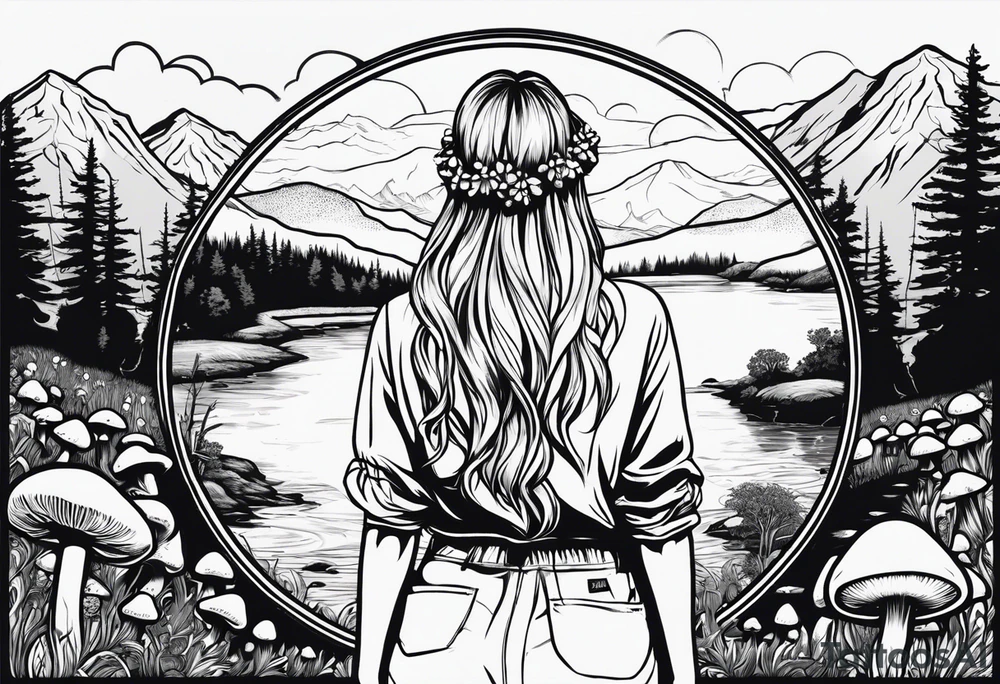 Whole picture encircled fully

Straight long blonde hair hippie girl in distance holding mushrooms in hand facing away toward mountains and creek surrounded by mushrooms long sleeve shirt and hiking pants; whole rendering within a full circle, no cut off circle tattoo idea