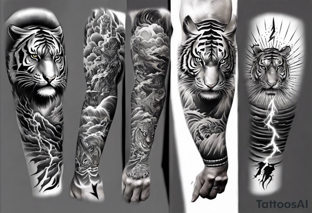 Tiger Warrior sleeve tattoo with lightning and the sun
Forearm sleeve tattoo idea