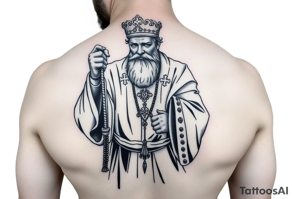 russian orthodox priest in a fully detailed garment swinging censer chains tattoo idea