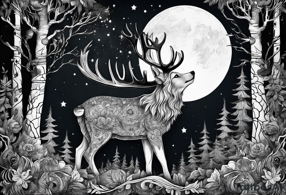 Lupo nella foresta con luna piena tattoo idea