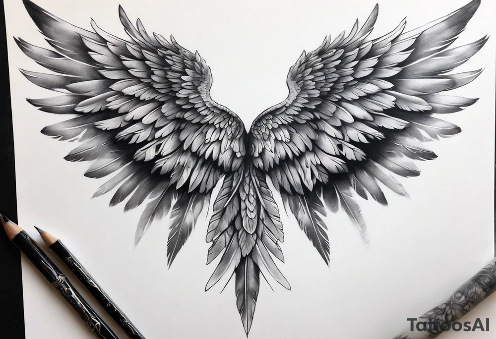 Realistic angel wings extending from the shoulders, covering the upper arms and upper back. The feathers are intricately detailed, with soft shading in black and gray to create depth and texture. The wings gently converge in the middle of the back, forming a harmonious and cohesive design. tattoo idea