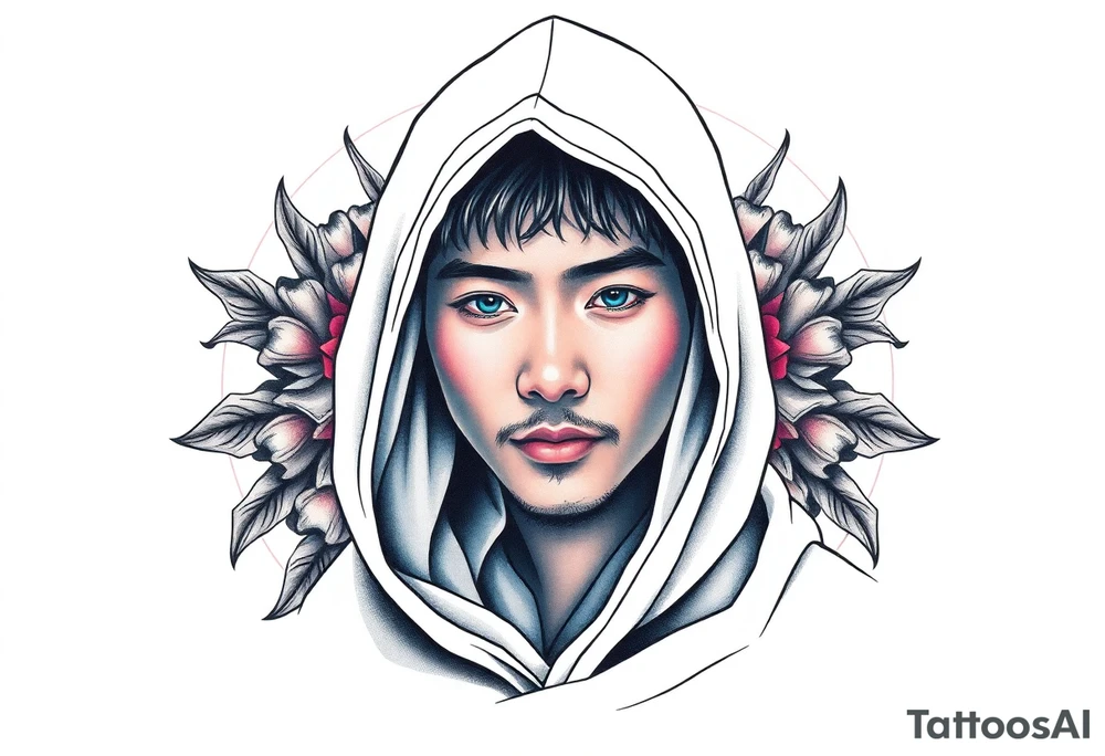 Handsome Asian young guy wearing cloak hood tattoo idea