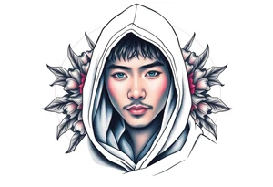 Handsome Asian young guy wearing cloak hood tattoo idea