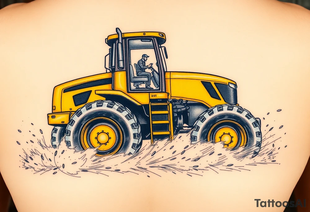 A hyper-realistic yellow tractor in motion, dust swirling around its massive tires. tattoo idea