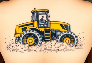 A hyper-realistic yellow tractor in motion, dust swirling around its massive tires. tattoo idea