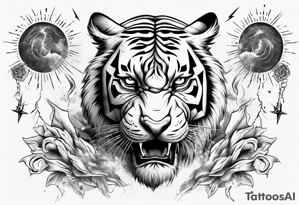 Ancient tiger with lightning and a sun for a forearm sleeve. With patterns surrounding it tattoo idea