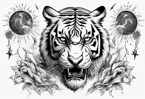 Ancient tiger with lightning and a sun for a forearm sleeve. With patterns surrounding it tattoo idea
