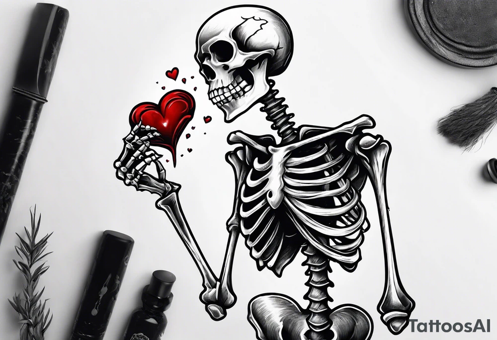 depressed skeleton holding his heart in his hand with a dagger through it tattoo idea