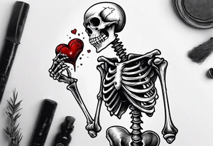 depressed skeleton holding his heart in his hand with a dagger through it tattoo idea