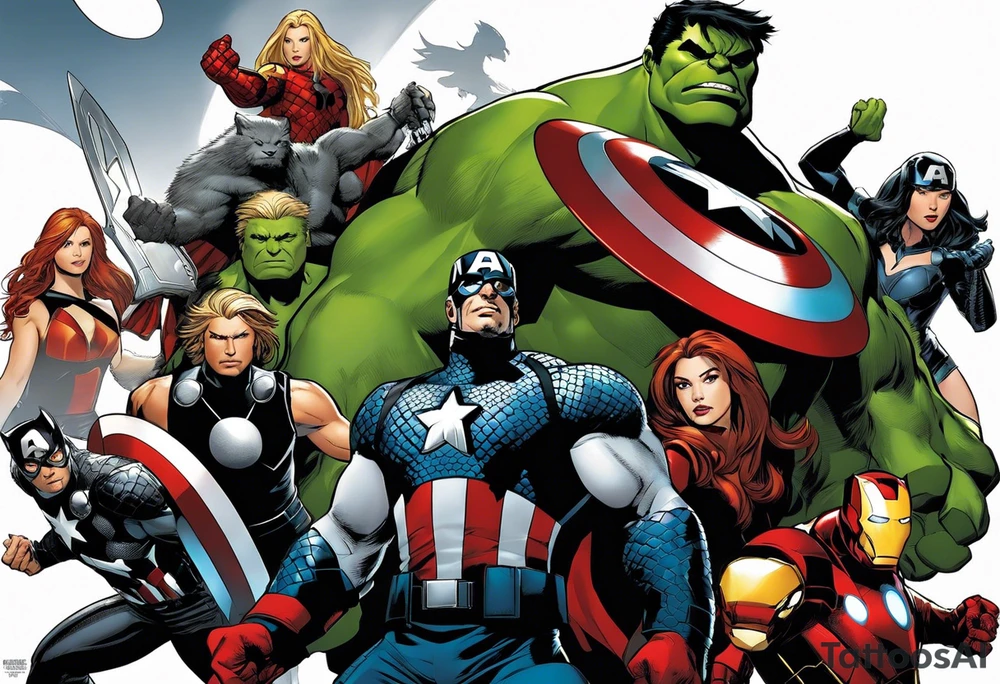 I want to change Avengers Team characters with animals. Hulk will be represented by a Badger.
Thor will be depicted as an Alpha Grey Wolf.
Captain America will be symbolized by a Bull.
Iron Man's character will be embodied by a Canary.
Black Widow's role will be portrayed by an Axolotl.
Hawkeye will be depicted as a Sudan Plated Lizard.
Nick Fury will be represented by a Cat. tattoo idea