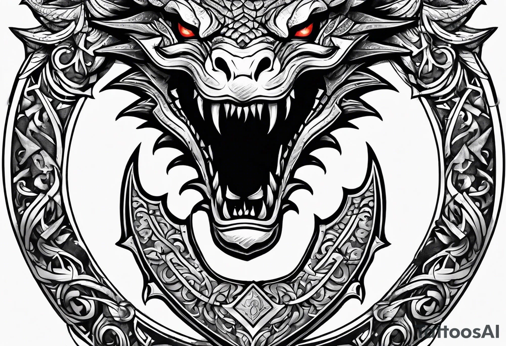 Valhalla sword shield dragon head axe armour tattoo idea