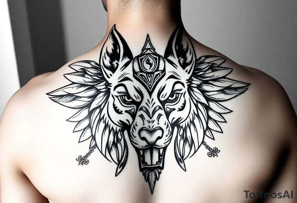 Egyptian Anubis god powerful face muscle in Egypt style dog face surrounded Egyptian symbols tattoo idea