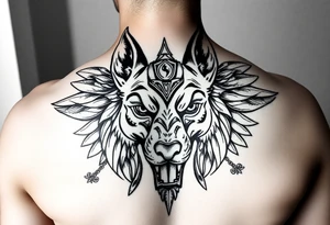 Egyptian Anubis god powerful face muscle in Egypt style dog face surrounded Egyptian symbols tattoo idea