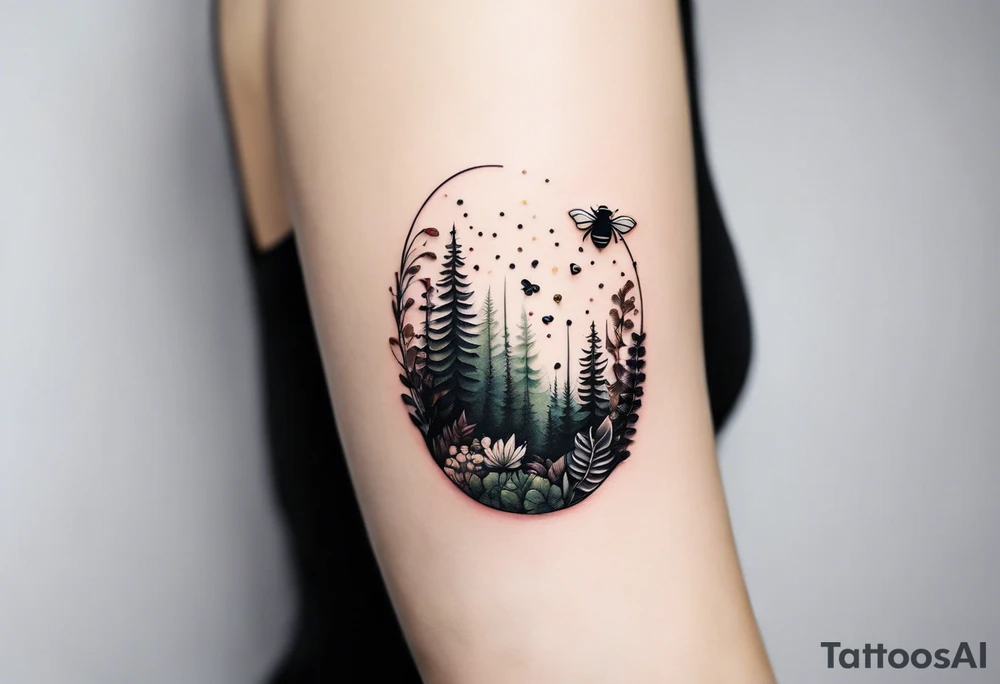 forest floor inspired minimalist tattoo, which includes grass, curly ferns, moss and dead leaves as the bulk of the tattoo. details to include: forest berries, a tiny bumblebee flying nearby, three small brown mushrooms
Generate a vertically long one tattoo idea