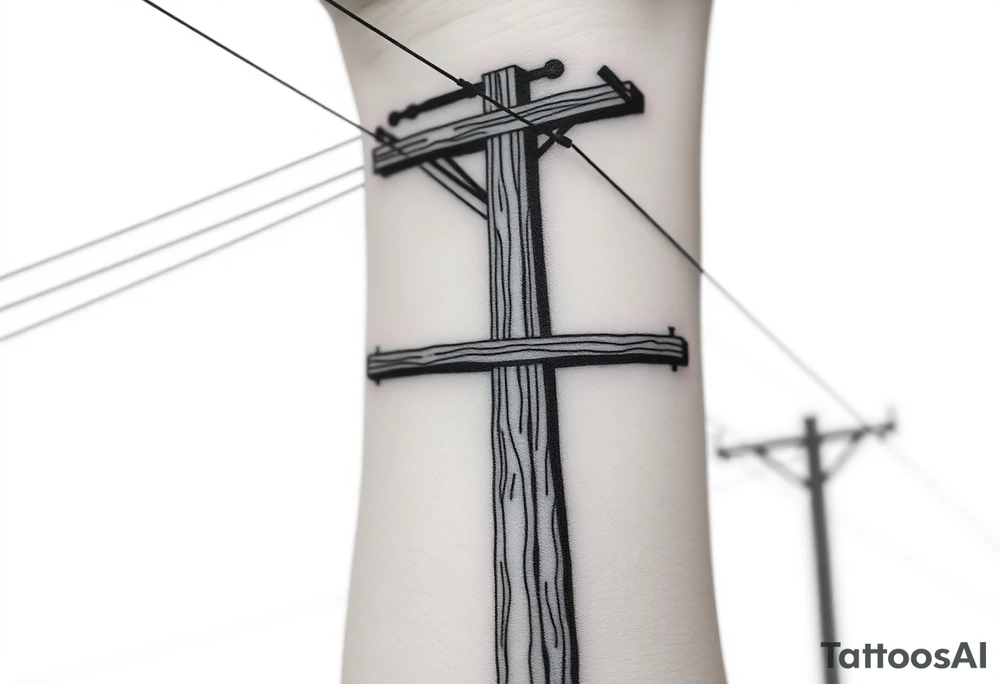 a wooden 12kv distribution pole with electrical lines. Make the pole a cross that has a hidden resemblance to god. tattoo idea