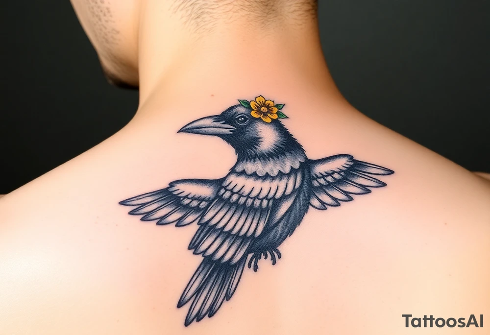 Crow with yellow flower crown and broken wing tattoo idea