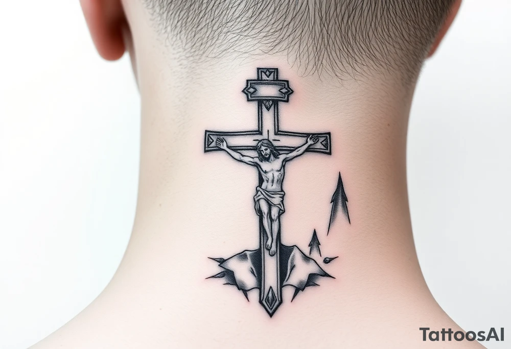 Traditional orthodox ICXC Christian cross with the small horizontal bar at the top with a plaque titulus, the central longest horizontal bar with Jesus Christ on the cross also with the slanted part of the cross where christs feet were nailed in a Russian wilderness Kremlin setting tattoo idea