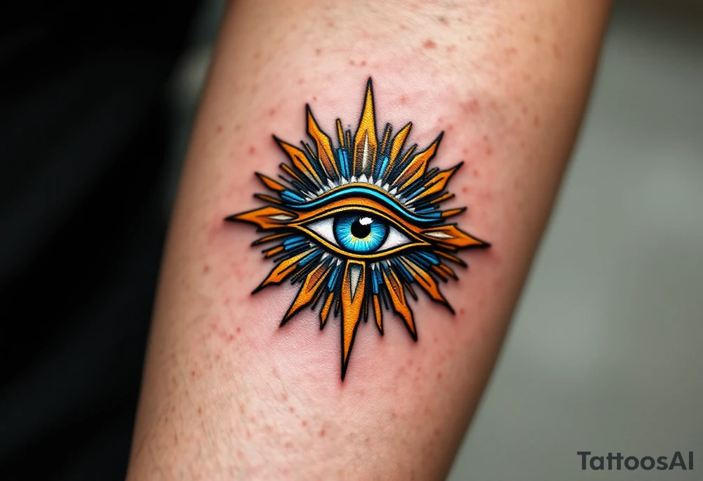A turquoise Eye of Ra framed in a sunburst of gold and ochre rays. tattoo idea