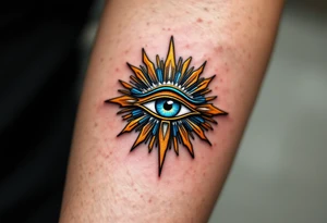A turquoise Eye of Ra framed in a sunburst of gold and ochre rays. tattoo idea