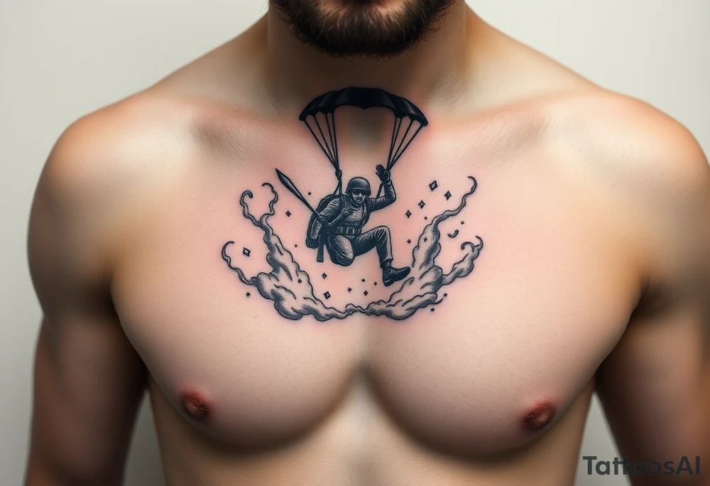 A parachuting soldier falling into an open book. Chaos surrounding, but the book is protecting the soldier from it. On the chest. Make the tattoo smaller. Make it thought provoking. Make the chaos in the environment be an eerie mist. Make the pages in the book be blank. Just one soldier, no other characters. the book is old. tattoo idea