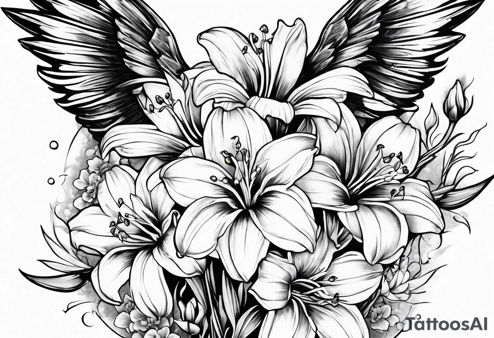 crying broken angel add rose, lily daffodil, daisy, carnation narcissus around add hummingbird tattoo idea