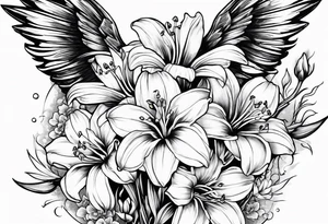 crying broken angel add rose, lily daffodil, daisy, carnation narcissus around add hummingbird tattoo idea