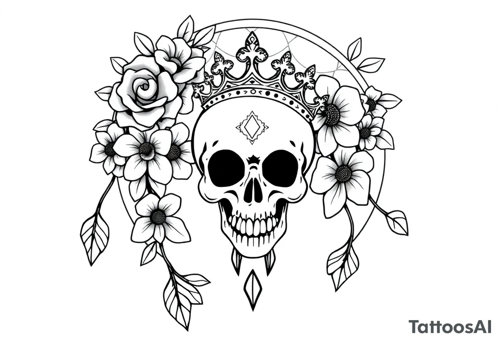 Mandala dream catcher with detailed beautiful gothic boho flowers on vine and skull with gorgeous crown tattoo idea