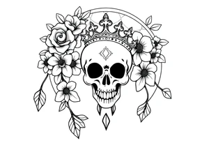 Mandala dream catcher with detailed beautiful gothic boho flowers on vine and skull with gorgeous crown tattoo idea
