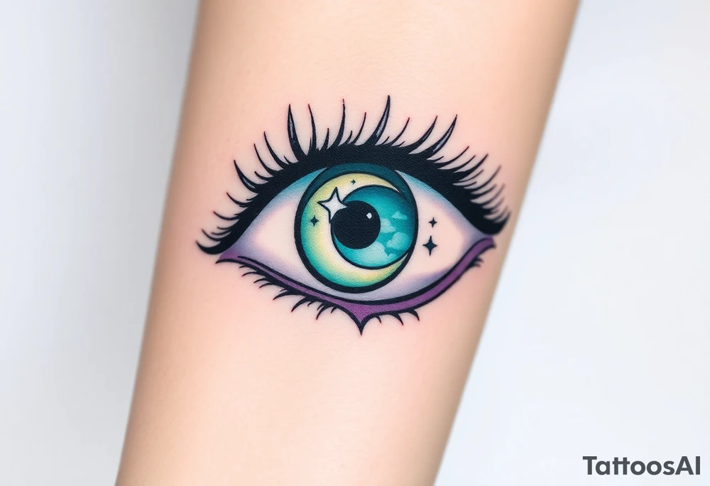 Large outline of an eye shaped like an almond with eye colored greenish blue with long pretty black eyelashes + spade eyeball  + a crescent moon stars and clouds inside of the eyeball only + using vivid colors like blue green purple light blue light green light purple tattoo idea