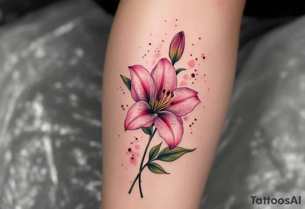 This image showcases a beautifully detailed Stargazer lily tattoo on a person’s leg. The tattoo features a fully bloomed pink lily with delicate shading and intricate petal details, giving it a realistic appearance. The petals have a soft gradient of pink with darker edges and speckled markings, characteristic of Stargazer lilies.

The design also includes a budding flower at the top, adding depth and a sense of natural growth. The green leaves and stem provide contrast, making the pink petals stand out. Surrounding the flower are subtle ink splashes or dot work, enhancing the watercolor effect and giving the tattoo a soft, artistic touch.

Overall, this tattoo exudes elegance, femininity, and a deep connection to nature, often symbolizing passion, prosperity, and celebration. Let me know if you’d like a custom design based on this style! tattoo idea