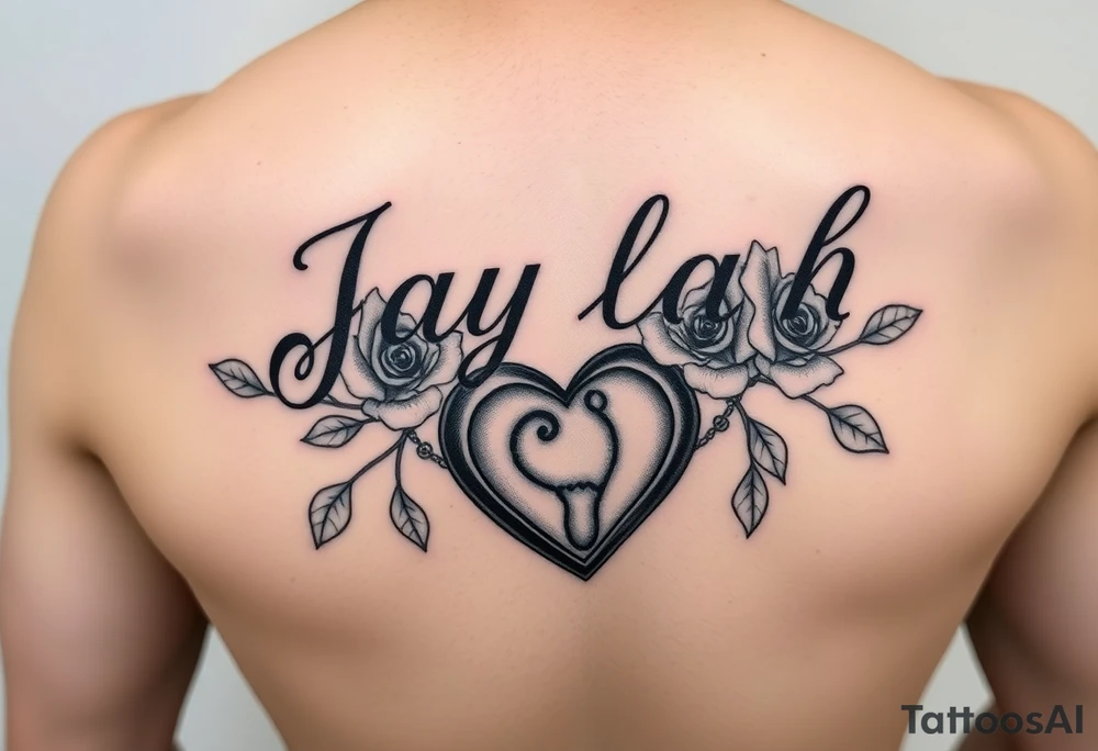 The name Jaylah With Roses and Foot Print and Pocket watch shaped like a Heart tattoo idea