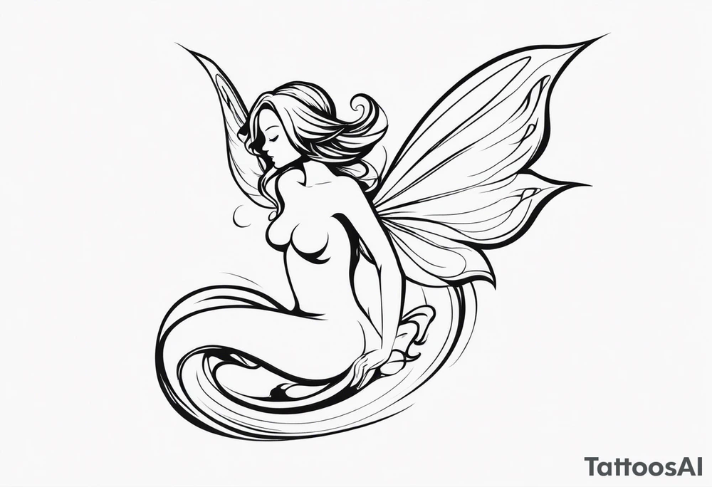 Minimalistic, monochromatic fairy with a tail flying to the left in a fetal position, leaning and looking in the same direction, with visible hands, embodying the 'Fairy Tail' logo aesthetic. tattoo idea