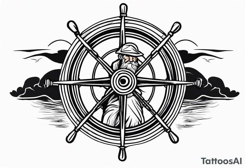 Old man turning ships wheel in a storm tattoo idea